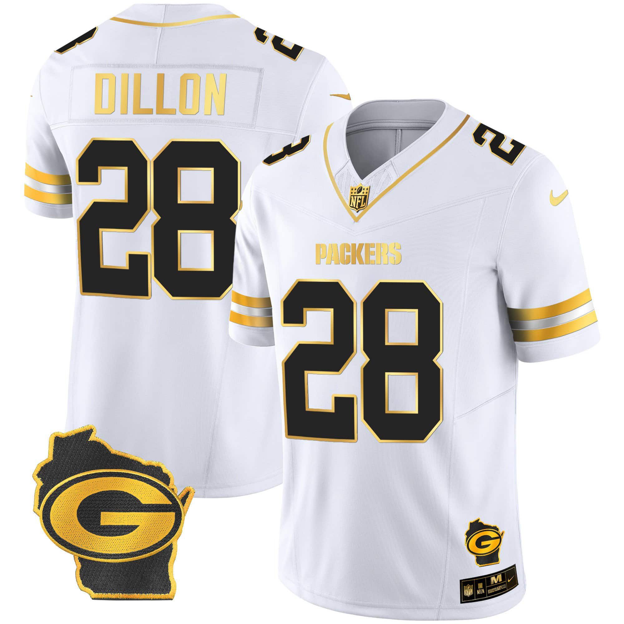 Men Green Bay Packers #28 Dillon White Gold 2024 Nike Home Patch Vapor NFL Jersey->indianapolis colts->NFL Jersey
